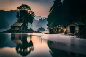 un pequeño pueblo se sienta en el apuntalar de un lago. generado por ai foto