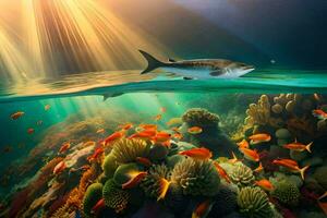 a fish swims in the ocean with coral and fish. AI-Generated photo