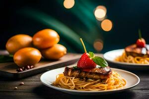 the food is served on a wooden table with a plate of spaghetti and a strawberry. AI-Generated photo