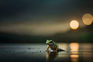 a frog sitting on the ground in front of a lake. AI-Generated photo