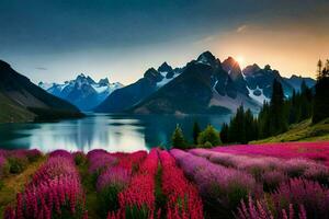 the flowers of the mountains, lake, mountains, flowers, nature, hd wallpaper. AI-Generated photo