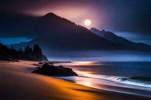 un lleno Luna brilla terminado el Oceano y montañas. generado por ai foto