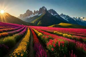 a field of flowers and mountains at sunset. AI-Generated photo