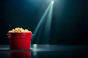 a bucket of popcorn on a dark table with a spotlight. AI-Generated photo