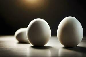 three eggs are lined up on a table. AI-Generated photo