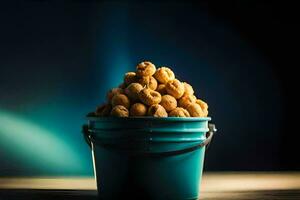 a bucket full of peanuts on a table. AI-Generated photo