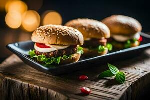 three hamburgers on a black plate with a wooden background. AI-Generated photo