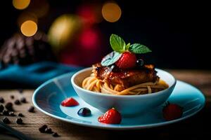 spaghetti with strawberries and berries on a plate. AI-Generated photo