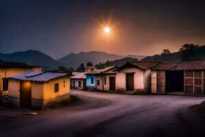 photo wallpaper the sky, night, the mountains, the village, the sun, the moon,. AI-Generated