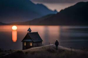 a man stands in front of a small house on a hill overlooking a lake. AI-Generated photo