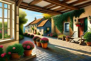 a painting of a courtyard with flowers and potted plants. AI-Generated photo