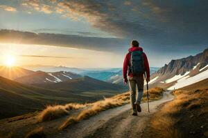 un hombre con un mochila camina en un suciedad la carretera en el montañas. generado por ai foto