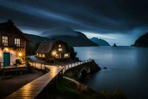 a house on the water with a path leading to it. AI-Generated photo