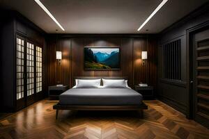 a bedroom with wood paneling and a bed. AI-Generated photo