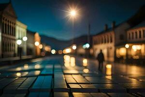 a street at night with a street light shining on it. AI-Generated photo