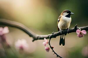 a bird sits on a branch with pink flowers. AI-Generated photo