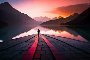 a person standing on a dock looking at a lake and mountains. AI-Generated photo