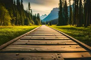 un de madera camino Guías a un montaña en el antecedentes. generado por ai foto