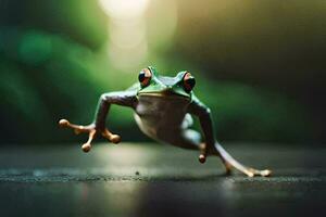 a frog jumping on a wooden floor. AI-Generated photo