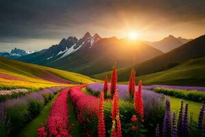 the sun rises over a field of flowers and mountains. AI-Generated photo