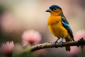 a colorful bird sits on a branch with pink flowers. AI-Generated photo