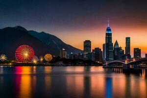 the city skyline at sunset with a ferris wheel. AI-Generated photo