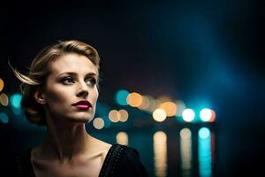 un hermosa mujer en frente de el ciudad luces a noche. generado por ai foto