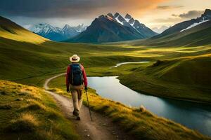 un hombre con un mochila camina mediante un valle. generado por ai foto