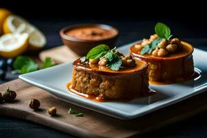two small cakes with sauce and nuts on a plate. AI-Generated photo