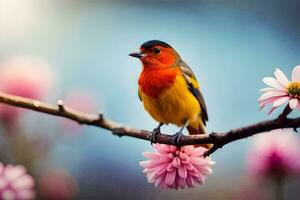 a colorful bird sits on a branch with pink flowers. AI-Generated photo