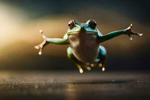 a frog jumping in the air. AI-Generated photo