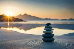 a stack of stones on the beach at sunset. AI-Generated photo