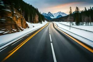 a snowy road in the mountains with mountains in the background. AI-Generated photo