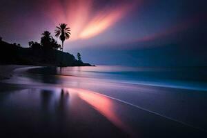 un playa a puesta de sol con palma arboles generado por ai foto