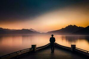 a man standing on a pier looking at the mountains and water. AI-Generated photo