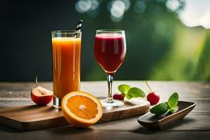 two glasses of juice and an orange on a wooden table. AI-Generated photo