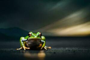 a frog sitting on the ground with a dark background. AI-Generated photo