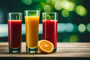 Tres lentes de jugo con naranja rebanadas generado por ai foto