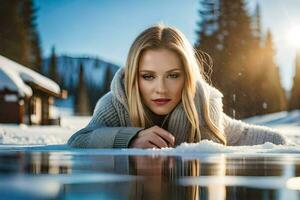 un hermosa rubia mujer tendido en el nieve. generado por ai foto