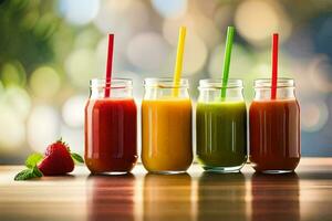 five different colored smoothies in glass jars. AI-Generated photo
