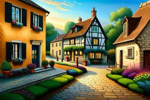 a painting of a street in a village. AI-Generated photo