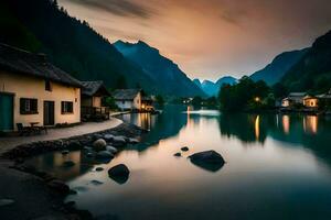 photo wallpaper the sky, mountains, water, lake, house, mountains, house, the sky. AI-Generated
