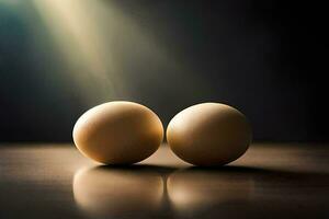 two eggs on a table with sunlight shining on them. AI-Generated photo