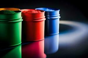 three colorful paint cans on a black background. AI-Generated photo