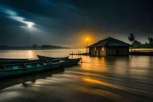 barcos en el agua a noche con un casa en el antecedentes. generado por ai foto