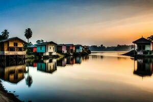 a river with houses on the shore at sunset. AI-Generated photo