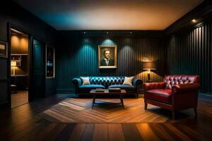 a dark room with a leather couch and a painting on the wall. AI-Generated photo