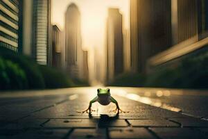 a frog stands on the street in front of tall buildings. AI-Generated photo