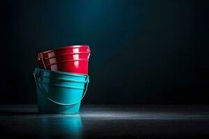 two red and blue buckets on a dark floor. AI-Generated photo