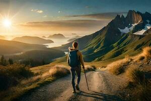 a person with a backpack walking on a dirt road in front of mountains. AI-Generated photo